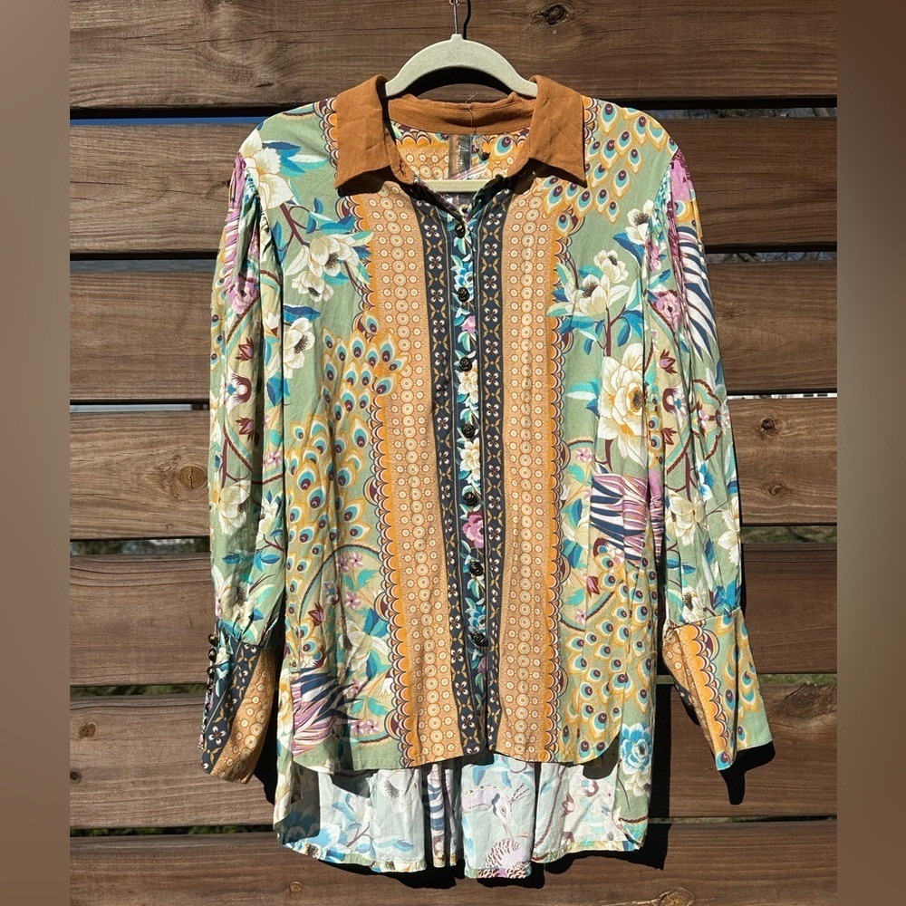 NEW Aratta Silent Journey Colorful Button Down High-Low Tunic Blouse